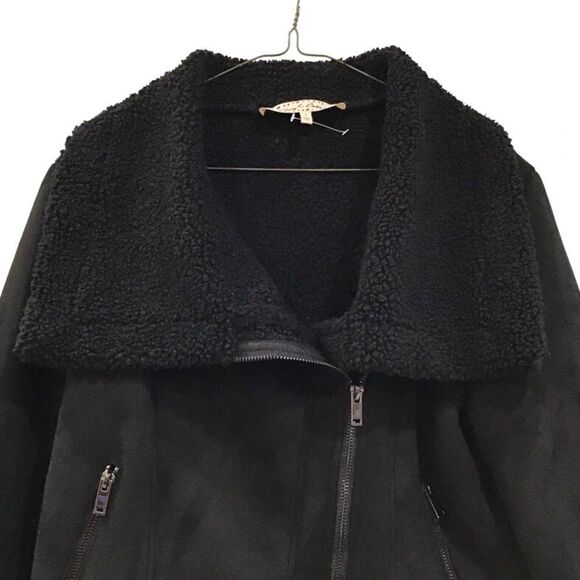Black Faux Suede Faux Sherpa Moto Jacket, Size M - Picture 4 of 11